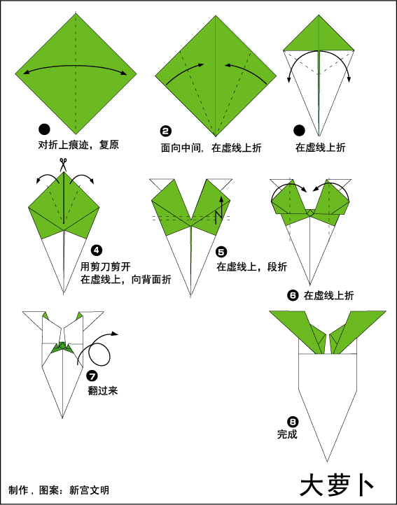 蔬菜折纸教程 绿叶白萝卜的折纸折法图解