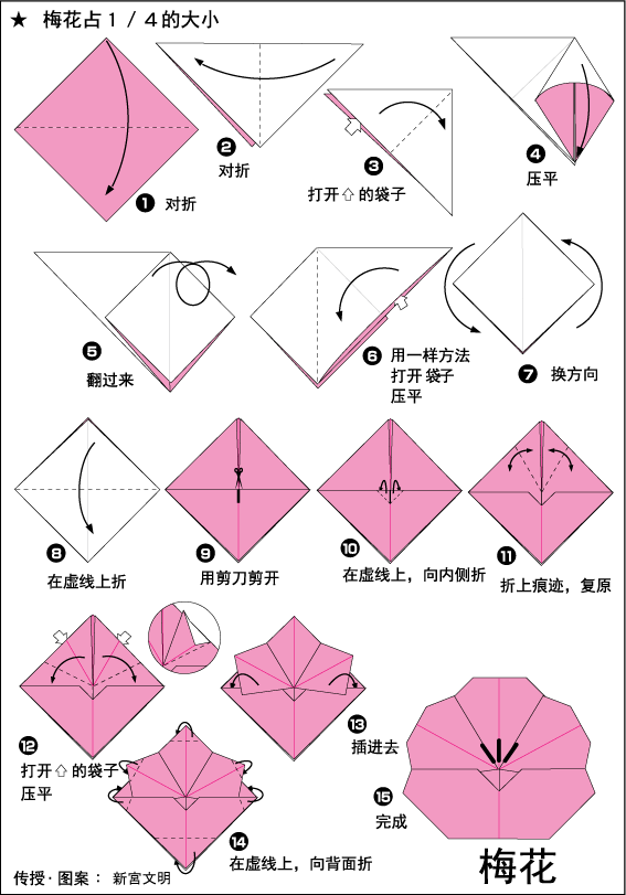 鲜花折纸图片教程 梅花的折纸方法图解 