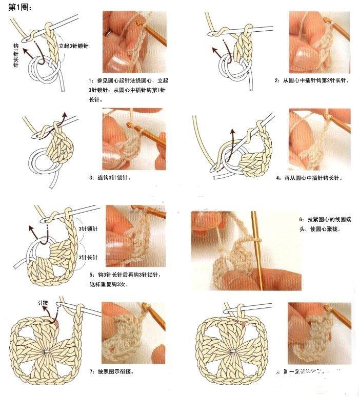 钩针基础入门之方块四角花的钩法图解