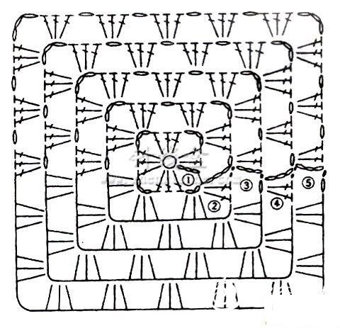 钩针基础入门之方块四角花的钩法图解